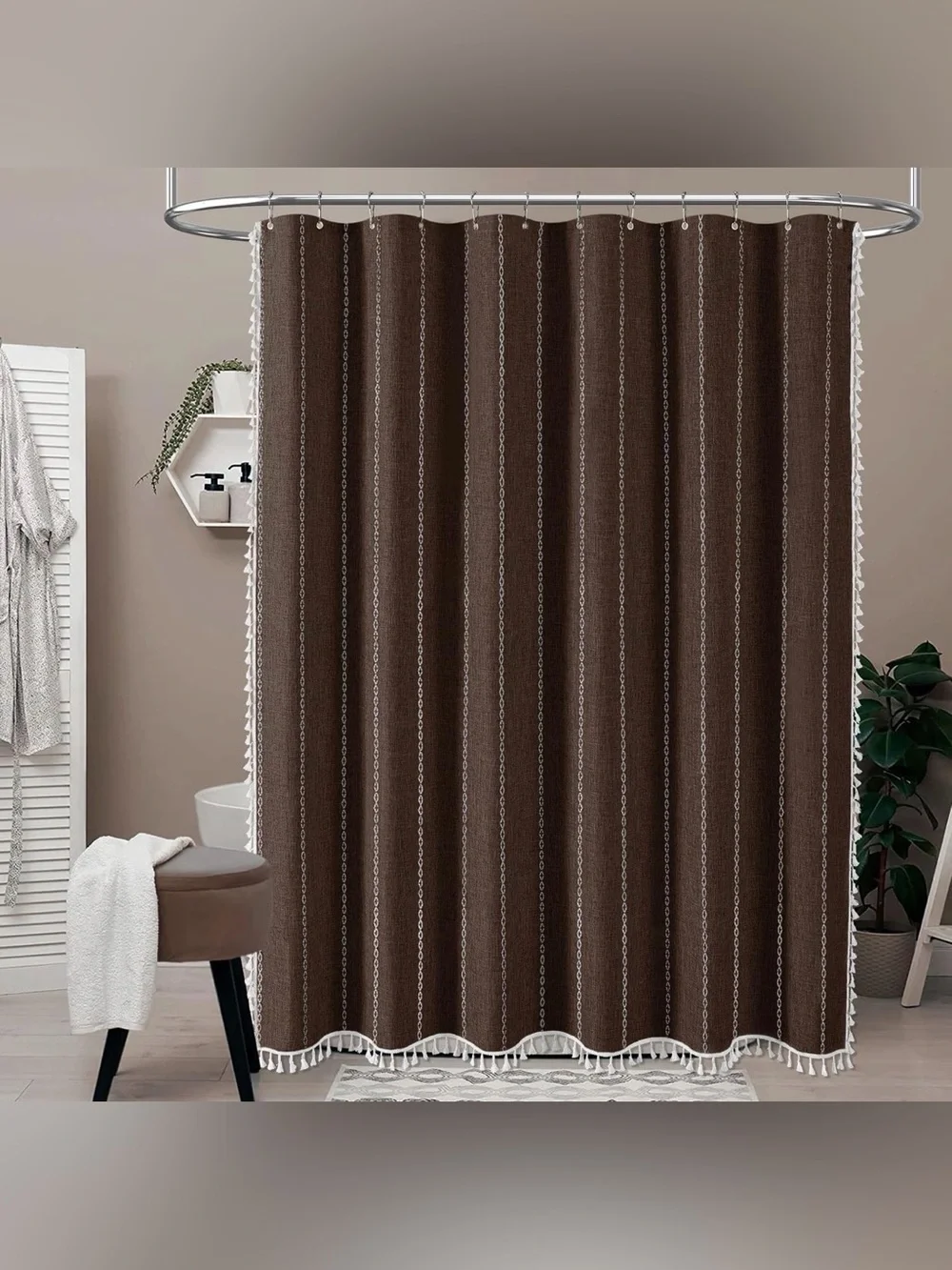Brown Linen Bohemian Shower Curtain Heavy Duty Patterned Curtain Water repellent